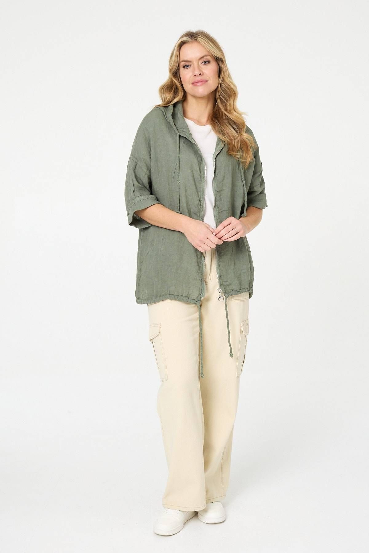 Izabel London Izabel London Women's Zip Front Drawstring Hooded Parka Jacket in Khaki - 4