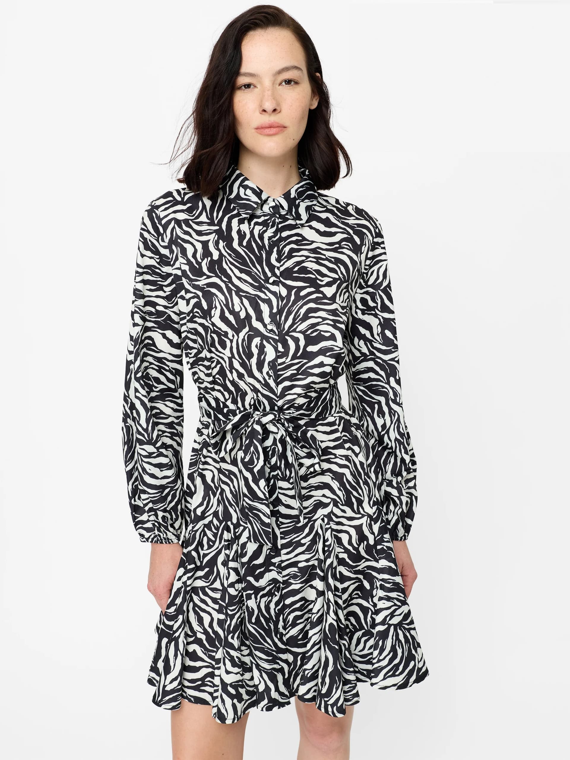 French Connection Zebra Print Long Sleeve Swing Mini Dress Black/White