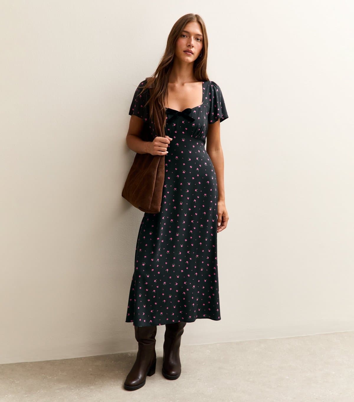 New Look Women's Black Ditsy Print Velvet Bow Trim Midi Dress New Look