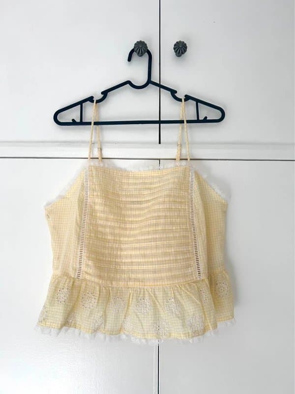 ASOS Women’s 100% cotton gingham checked butter yellow white cami peplum frill top spring summer