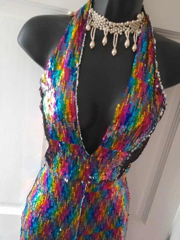 PrettyLittleThing Woman's sexy multicoloured sequin unitard festival wear