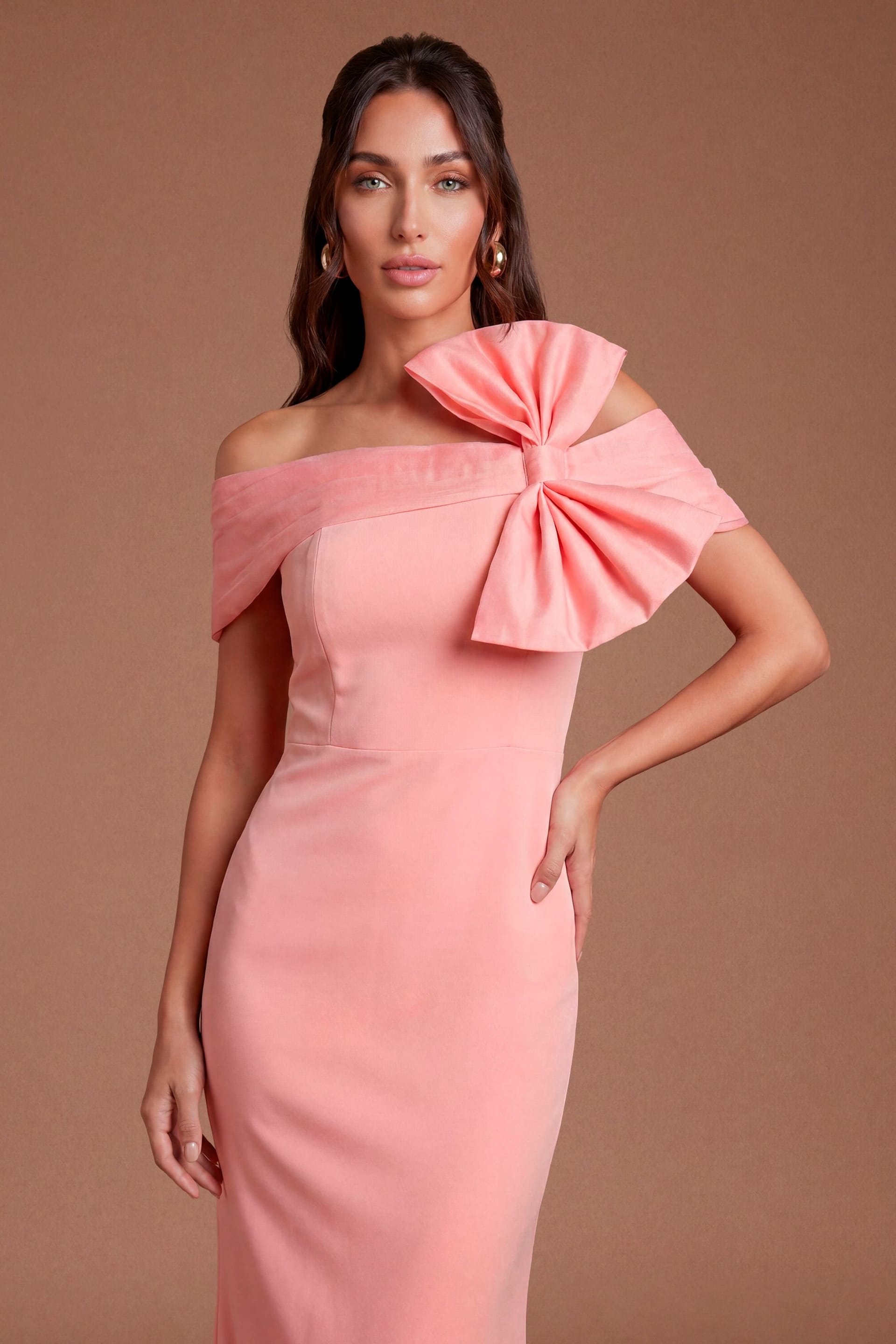 Coast Coast Women's Off The Shoulder Bow Organza Midi Dress in Coral - 4