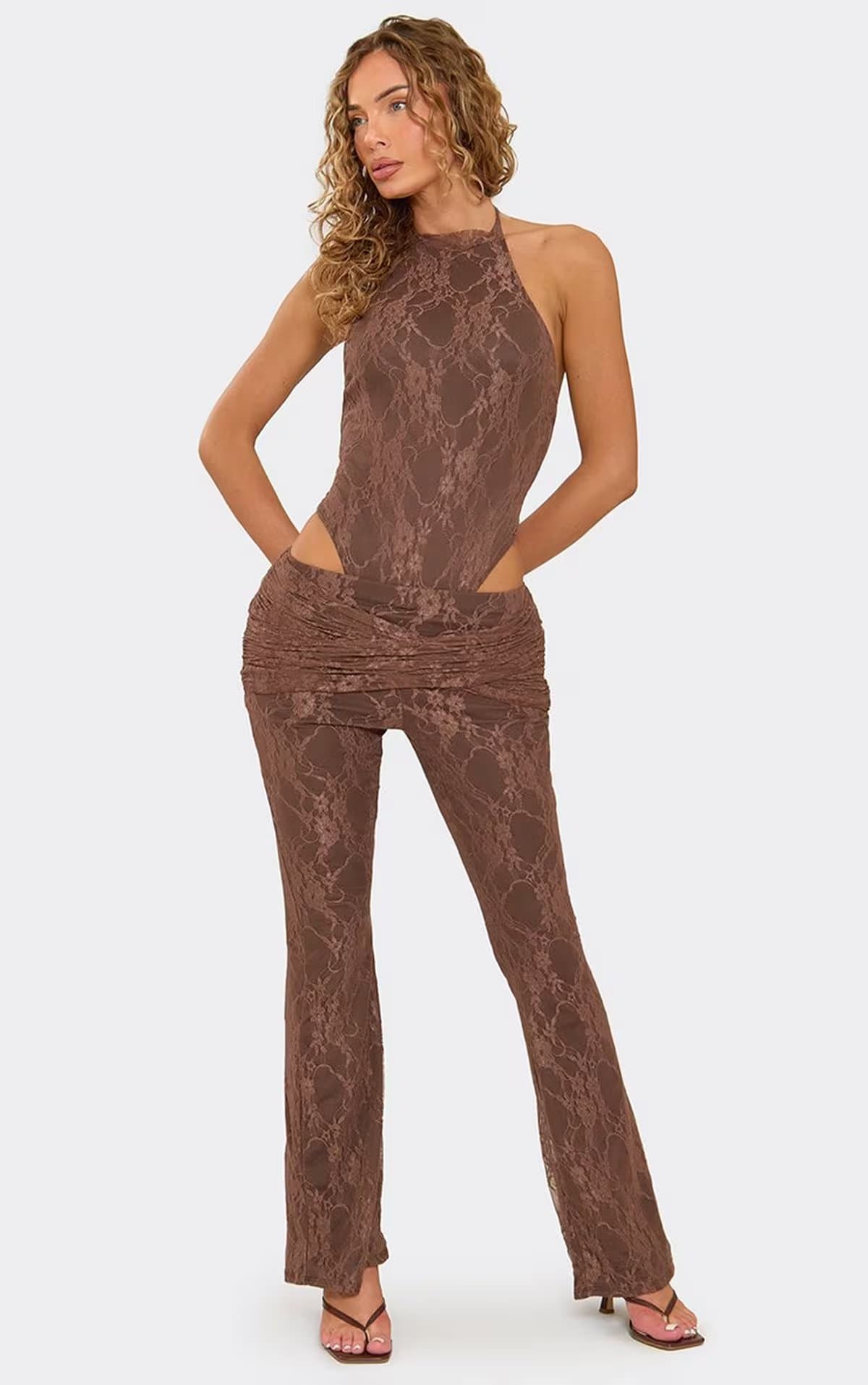 EGO Halterneck High Leg Bodysuit In Chocolate Brown Lace, Women's Size UK 6