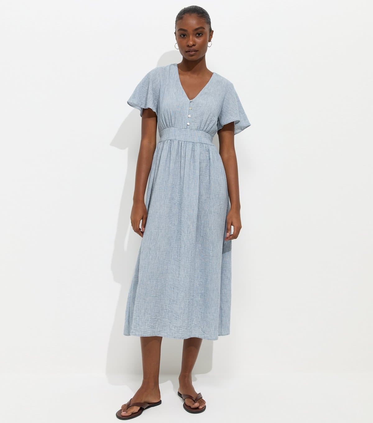 New Look Women's Light Blue Frill Sleeve V Neck Midi Dress New Look