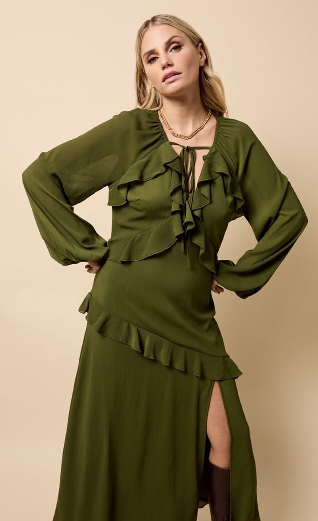 Little Mistress Little Mistress Women's Khaki Chiffon Ruffle Maxi Dress - 2