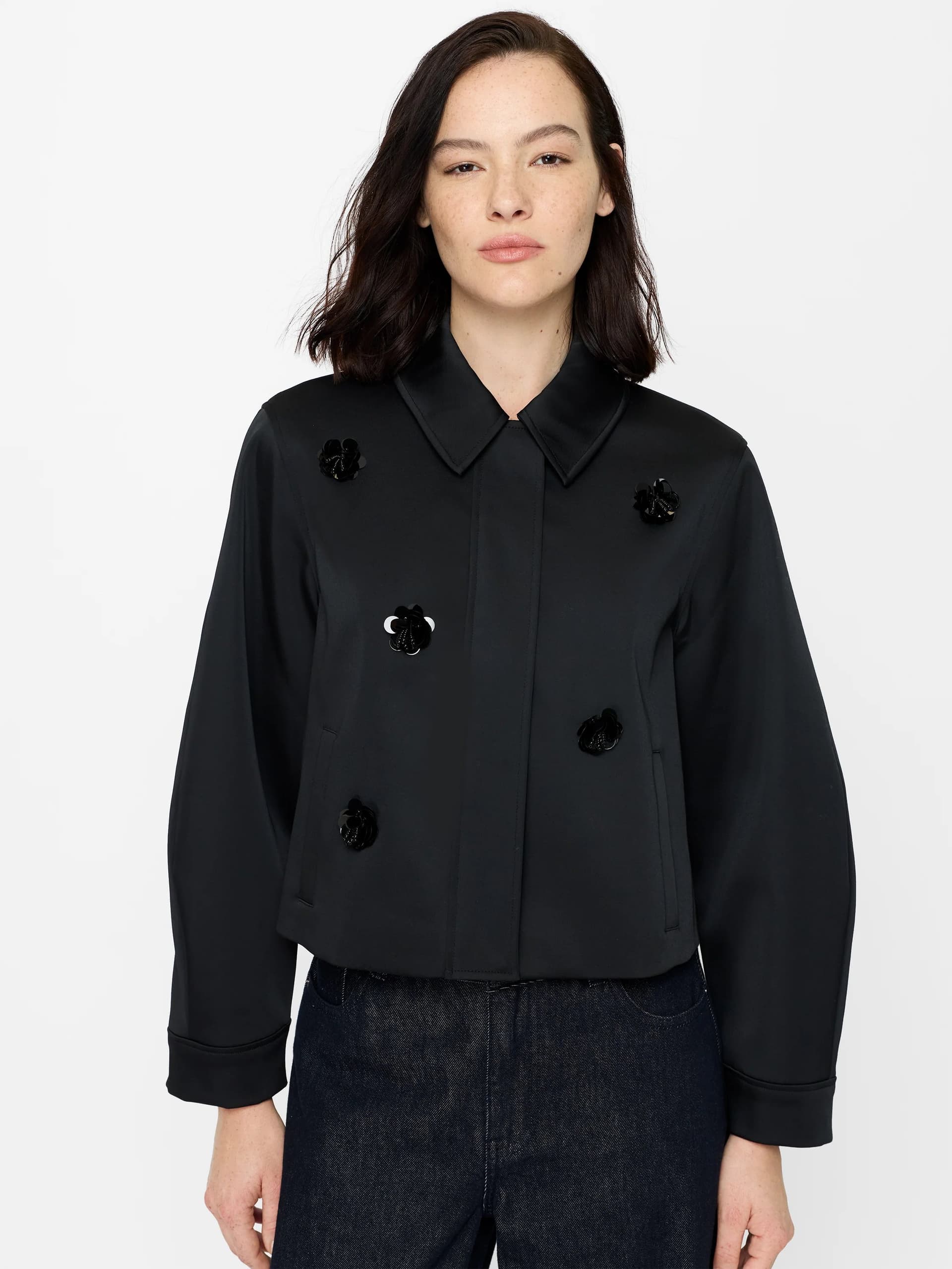 French Connection Celia Black Floral Sequin Embellished Satin Jacket Black
