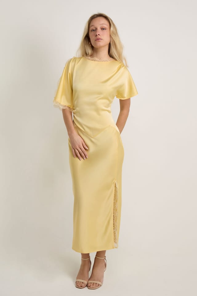 GWD by GEORGE W. DAVIES GWD by GEORGE W. DAVIES Women's GWD Rowana Yellow Satin Lace Detail Maxi Dress in Lemon - 2