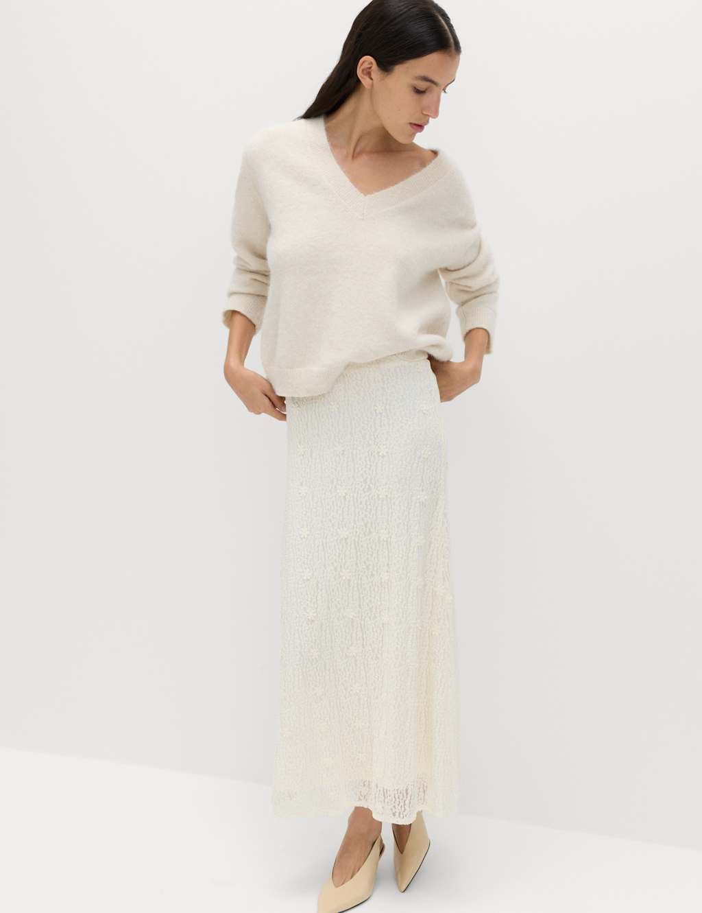 Marks & Spencer M&S Jersey Lace Midi Column Skirt Ivory - 2
