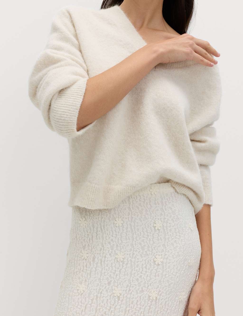 Marks & Spencer M&S Jersey Lace Midi Column Skirt Ivory - 3