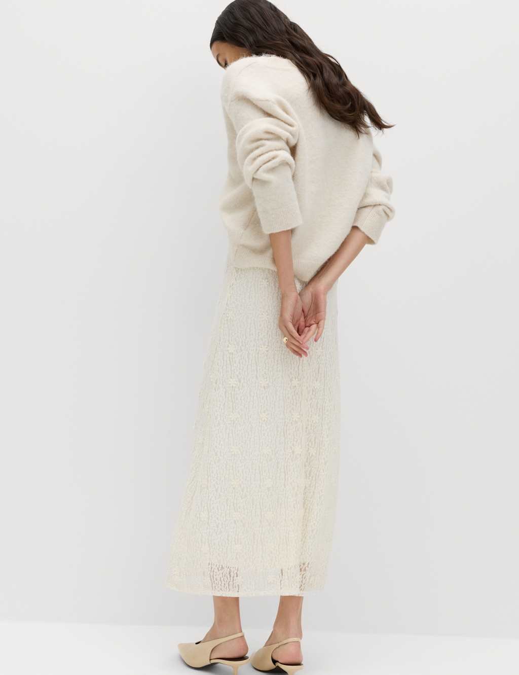 Marks & Spencer M&S Jersey Lace Midi Column Skirt Ivory - 4