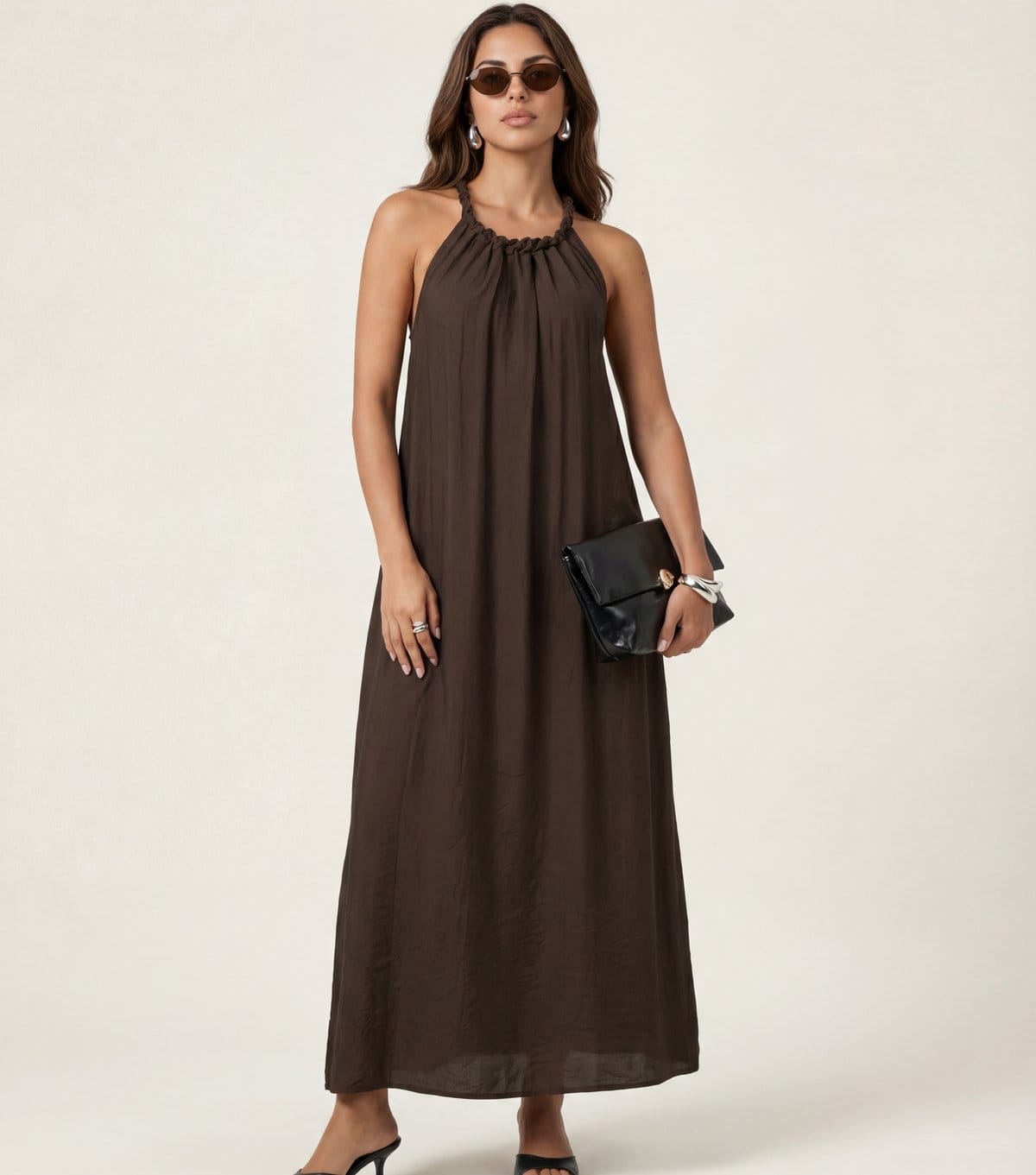 Urban Bliss Brown Braided Neck Trim Maxi Dress