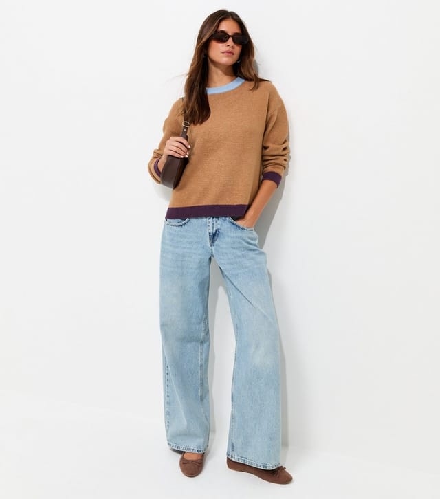 New Look Women's Brown Midweight Knit Colour Block Crew Neck Jumper New Look - 2