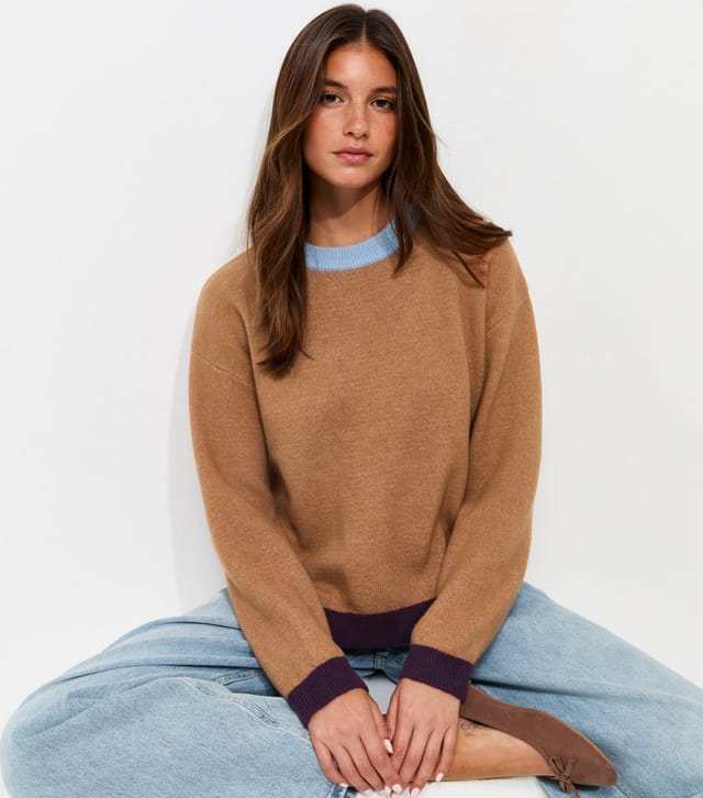 New Look Women's Brown Midweight Knit Colour Block Crew Neck Jumper New Look - 3