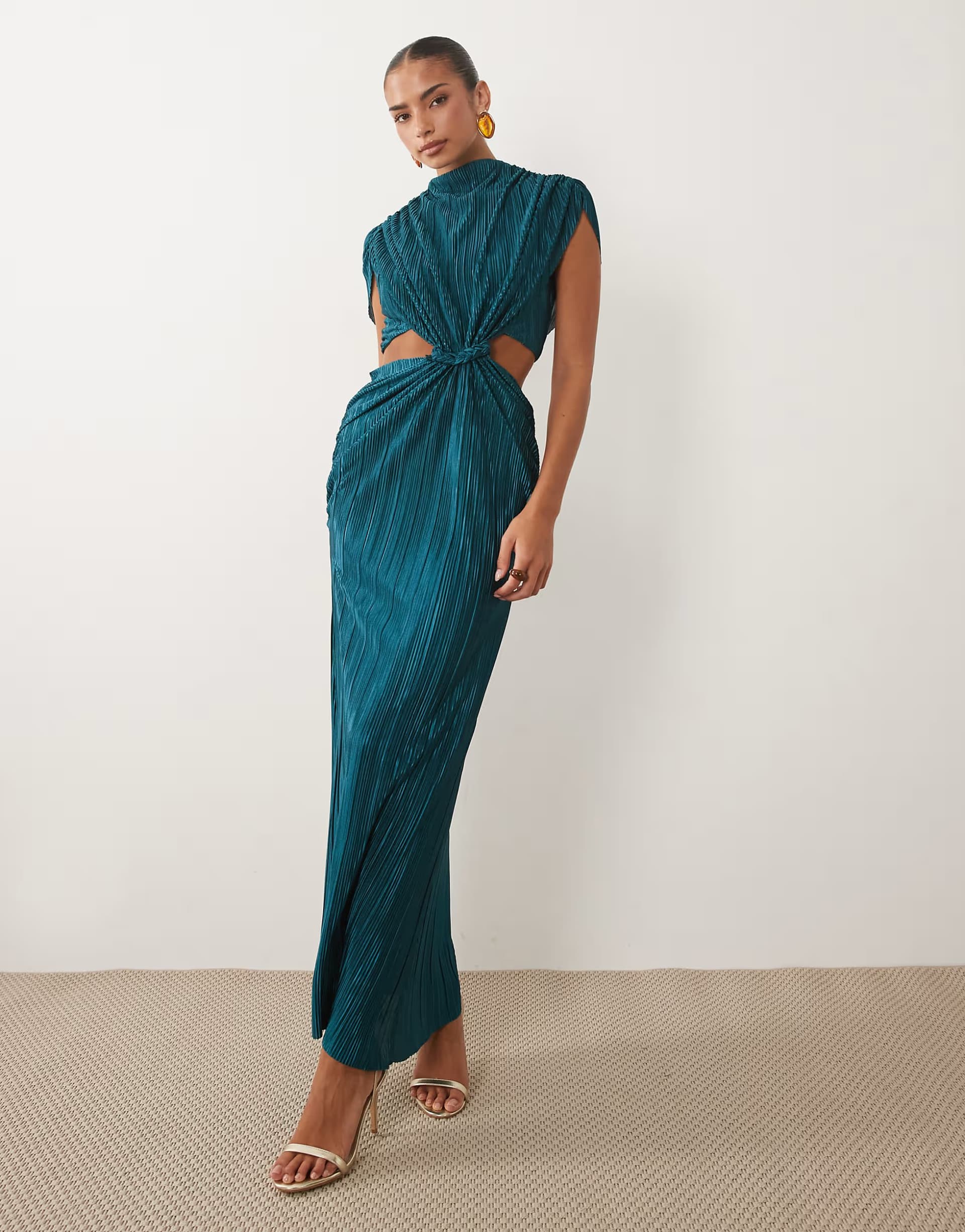 ASOS ASOS DESIGN batwing plait ruched waist plisse dress in blue teal