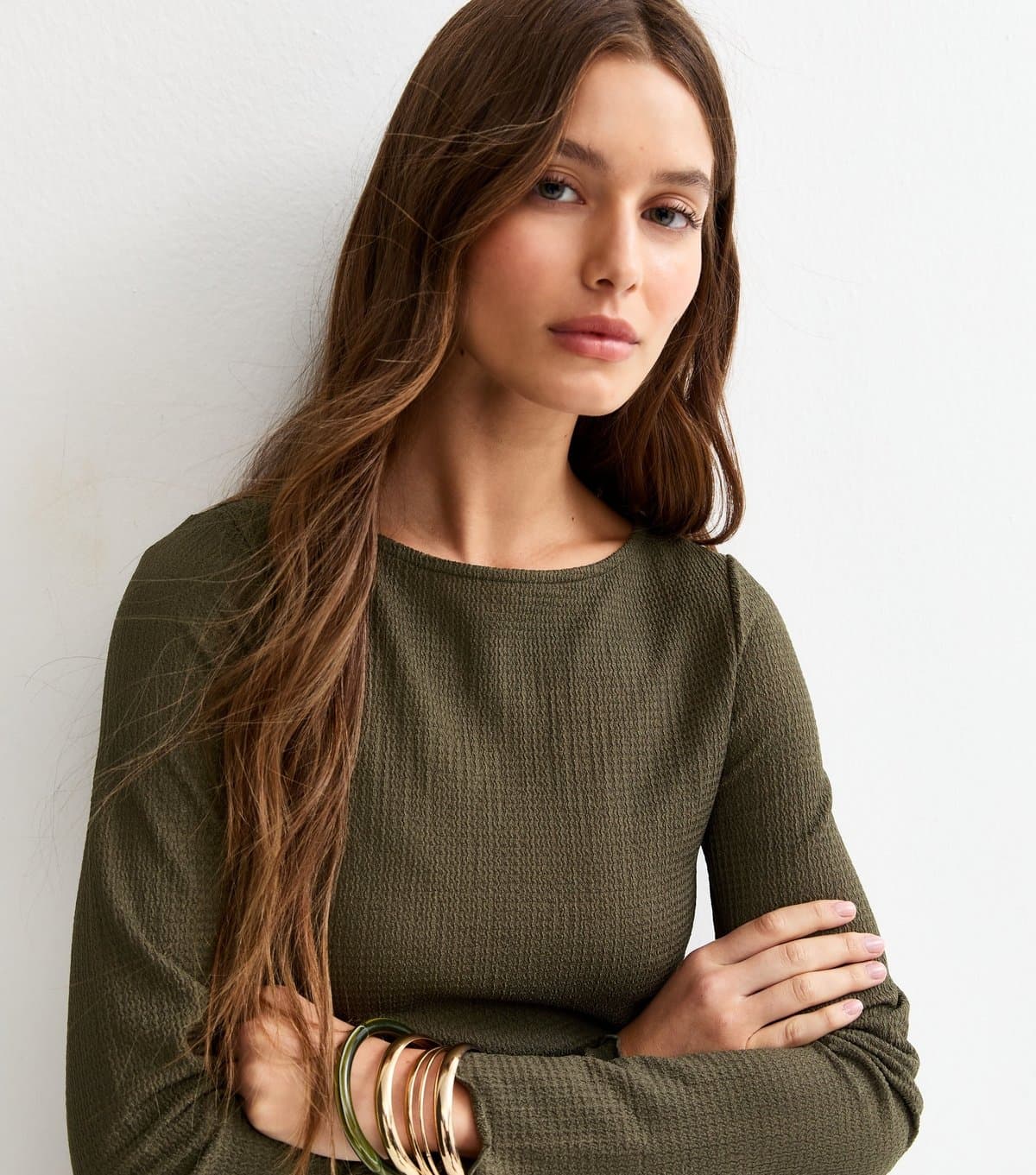 New Look Women's Dark Khaki Crinkled Long Sleeve Top New Look