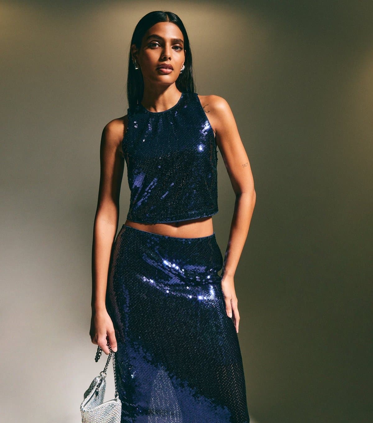 New Look Women's Navy Sequinned Cropped Top New Look