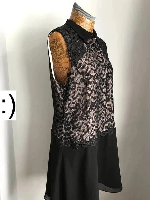 Coast Coast Dress Uk 14 shirt black beige lace collar chiffon midi formal smart