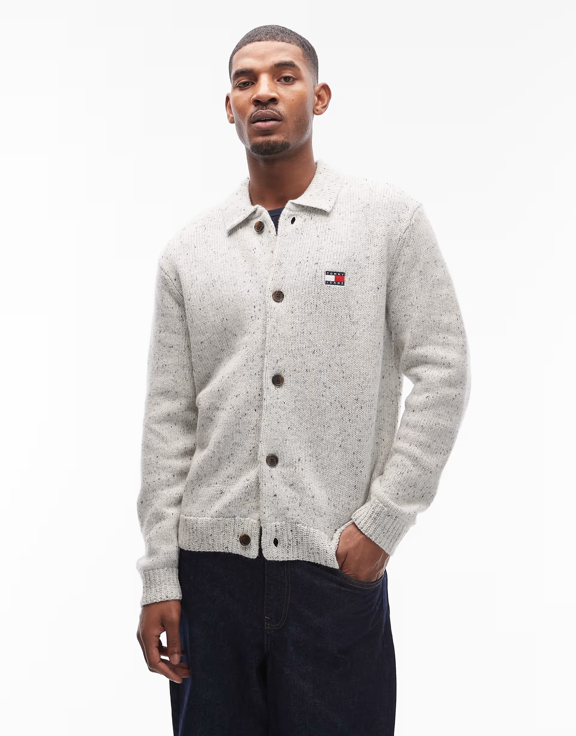 ASOS Tommy Jeans chest logo button up knitted collared cardigan in white