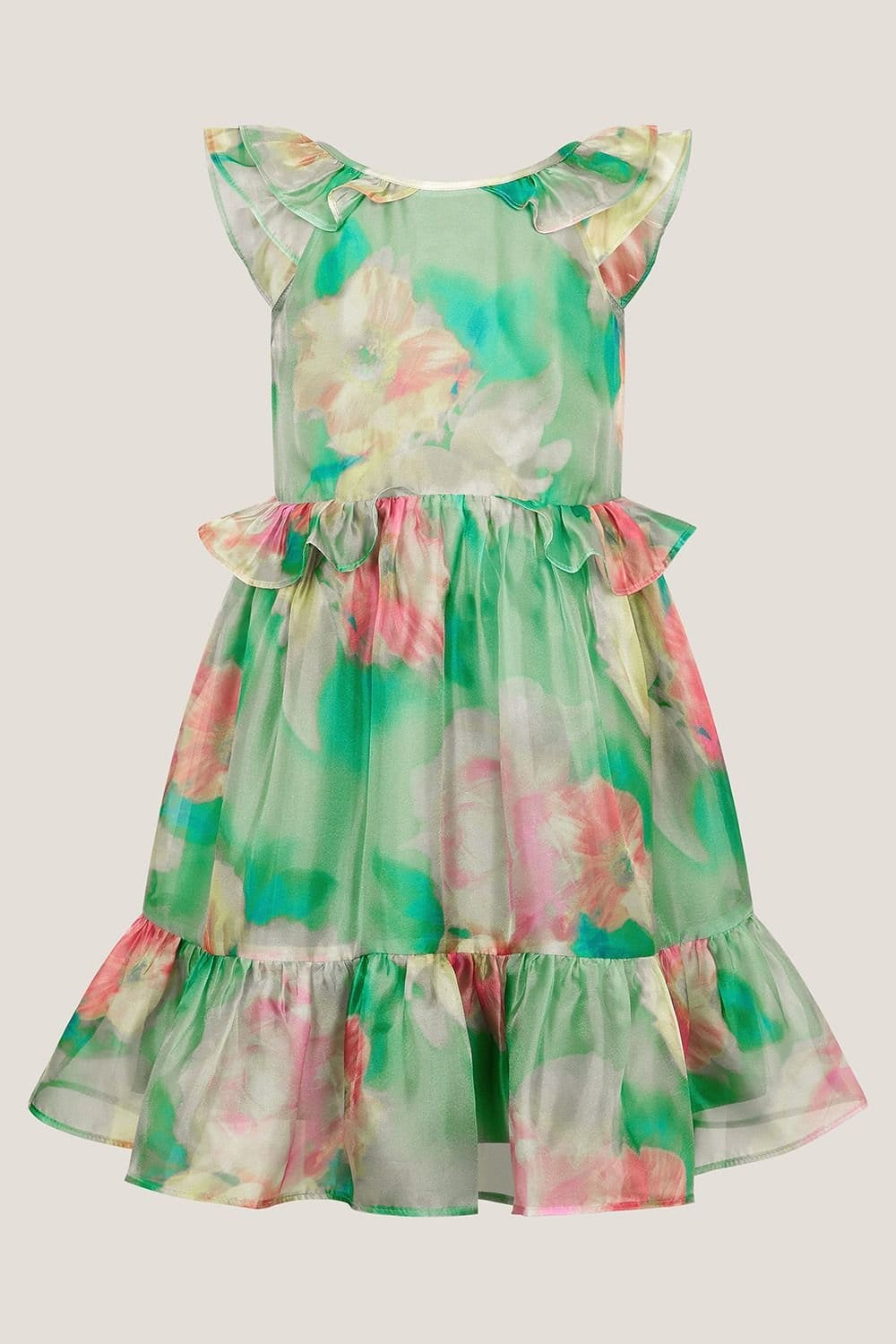 Monsoon Monsoon Women's Blurry Floral Organza Ruffle Dress Green - 1