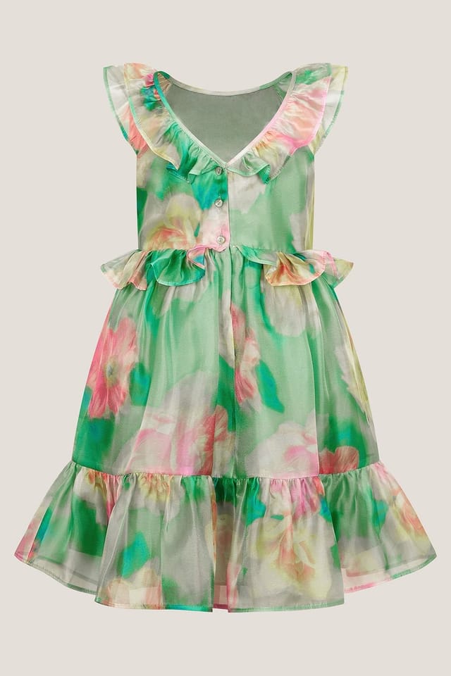 Monsoon Monsoon Women's Blurry Floral Organza Ruffle Dress Green - 2