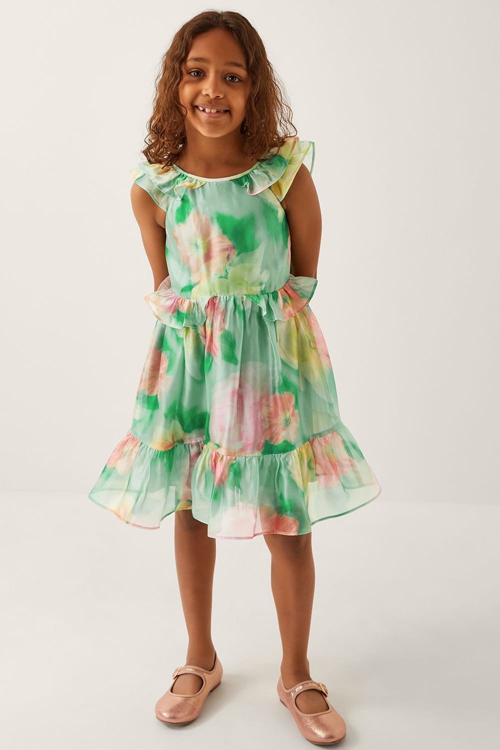 Monsoon Monsoon Women's Blurry Floral Organza Ruffle Dress Green - 4