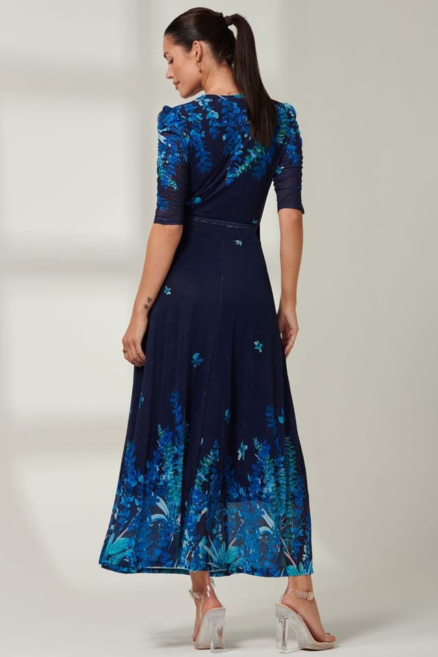 Jolie Moi Jolie Moi Women's Kinley Print Wrap Mesh Maxi Dress in Navy - 2