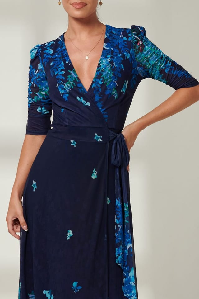 Jolie Moi Jolie Moi Women's Kinley Print Wrap Mesh Maxi Dress in Navy - 3