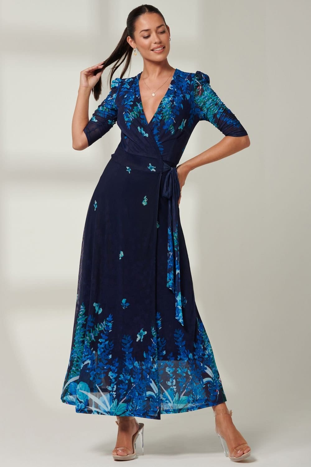 Jolie Moi Jolie Moi Women's Kinley Print Wrap Mesh Maxi Dress in Navy - 4