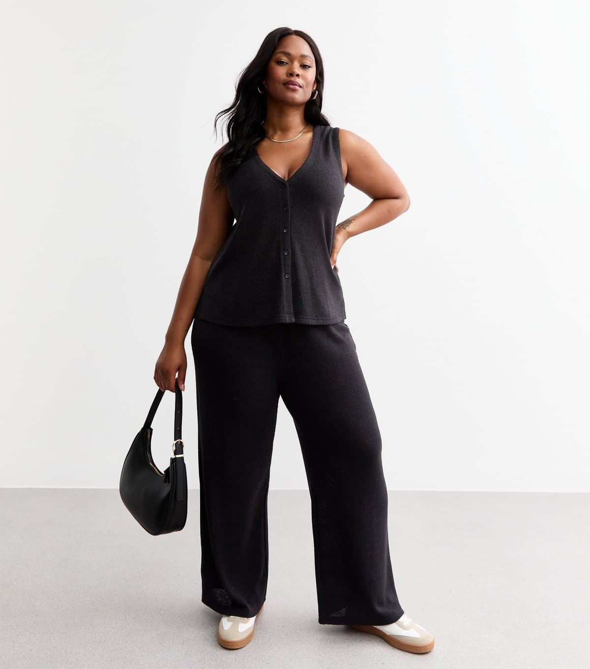 New Look Women's Plus Size Black Soft Touch Wide Leg Trousers Curves New Look