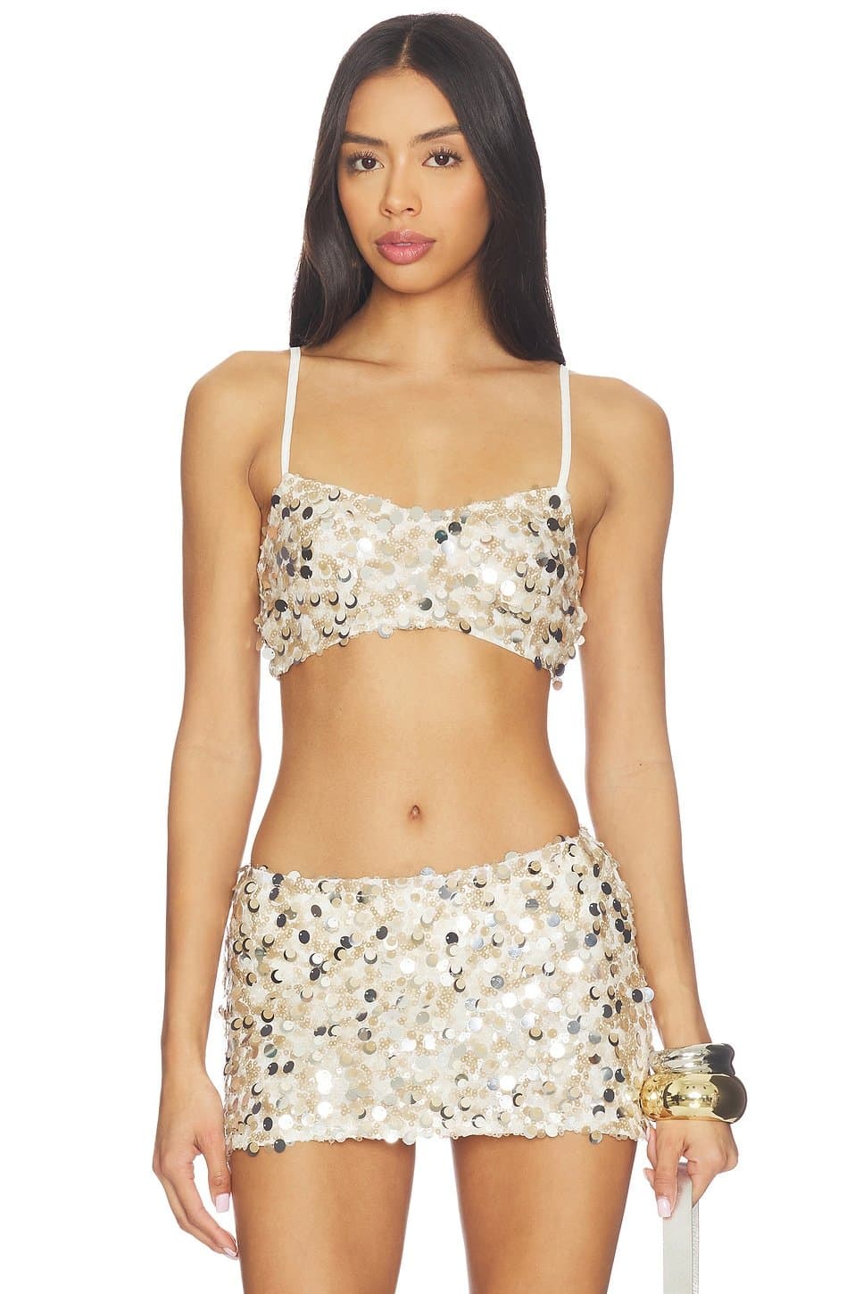 revolve Revolve Champagne Sequin Crop Top and Skirt Set