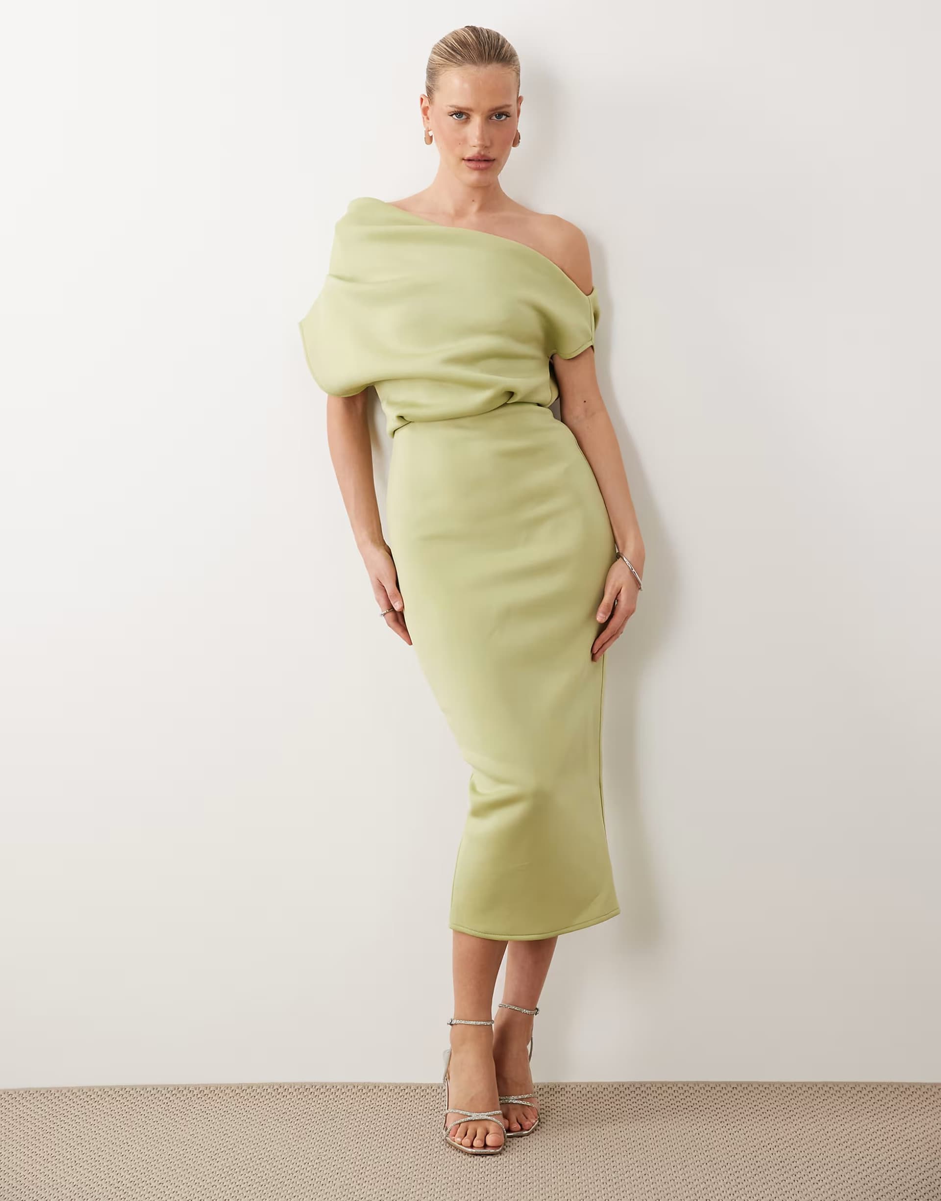 ASOS ASOS DESIGN dramatic neckline midi dress in sage scuba-style fabric