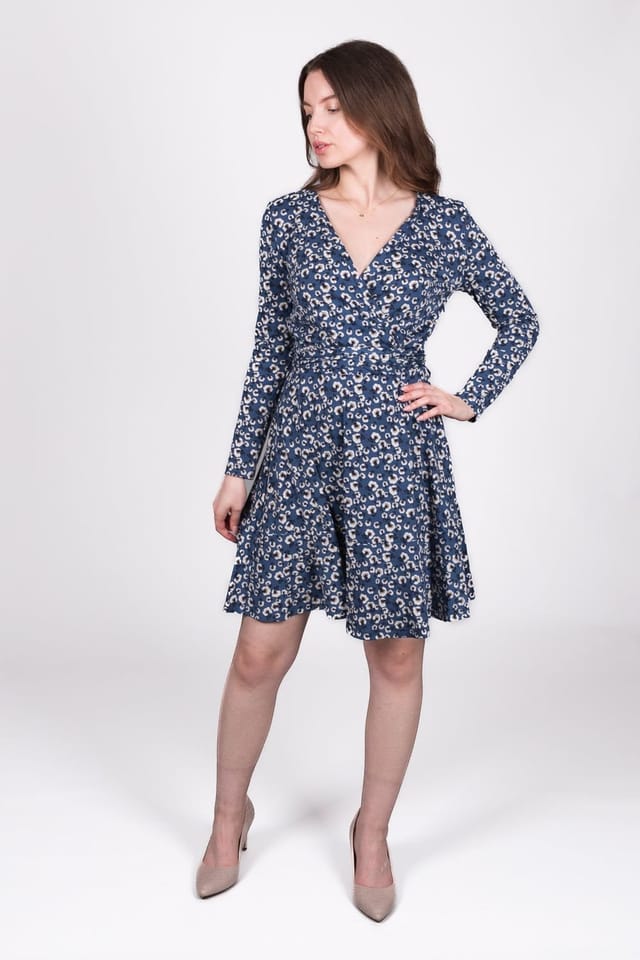 SOLO SOLO Women's Print Wrap Dress with V-Neckline in Navy - 2