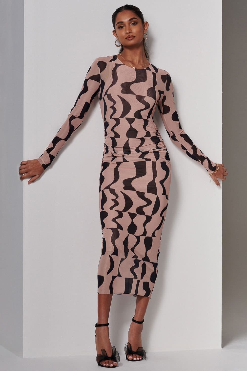 Jolie Moi Jolie Moi Women's Gionna Mesh Long Sleeve Midaxi Dress in Light Brown