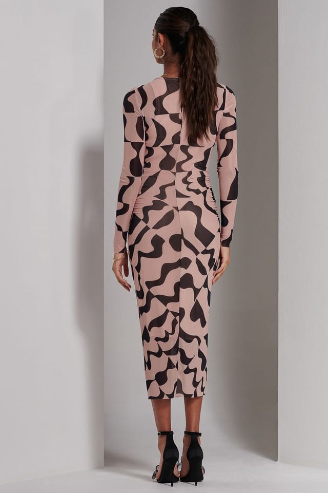 Jolie Moi Jolie Moi Women's Gionna Mesh Long Sleeve Midaxi Dress in Light Brown - 2