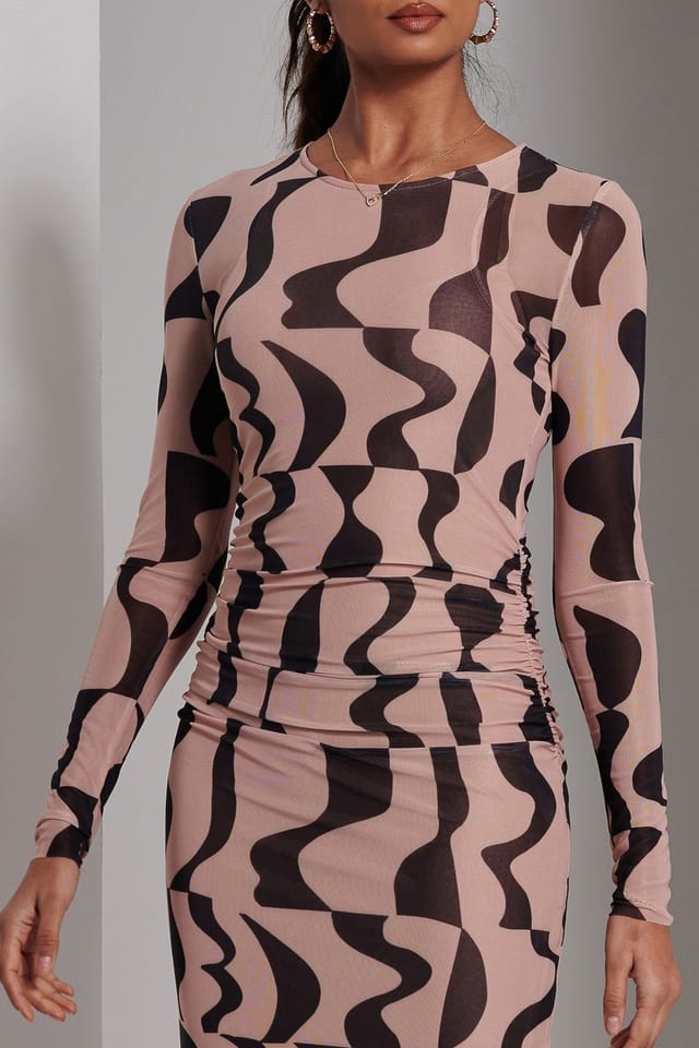 Jolie Moi Jolie Moi Women's Gionna Mesh Long Sleeve Midaxi Dress in Light Brown - 3