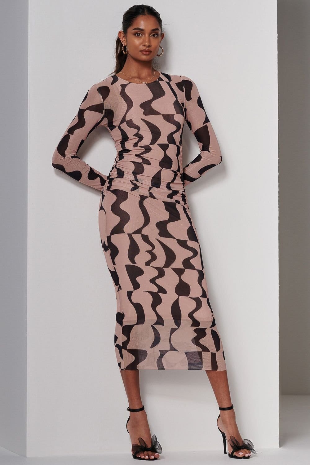 Jolie Moi Jolie Moi Women's Gionna Mesh Long Sleeve Midaxi Dress in Light Brown - 4