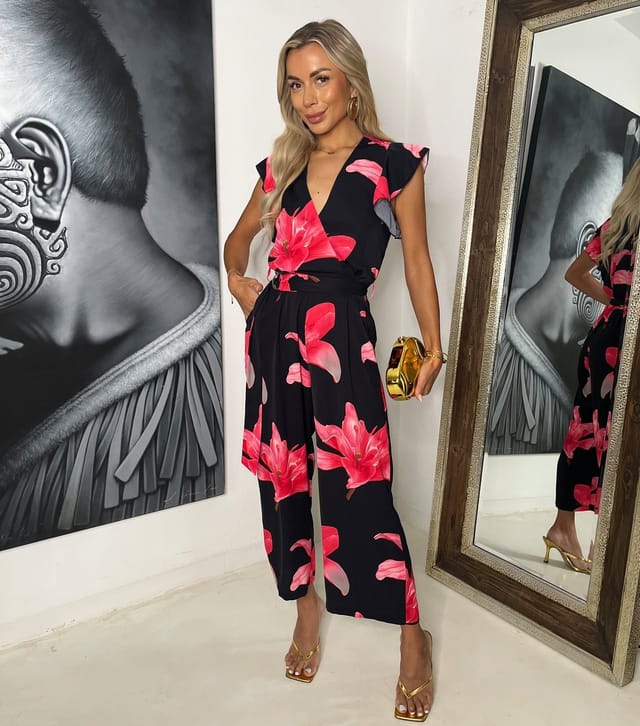AX Paris Women's Black Lily Print Wrap Top Belted Jumpsuit AX Paris New Look - 2