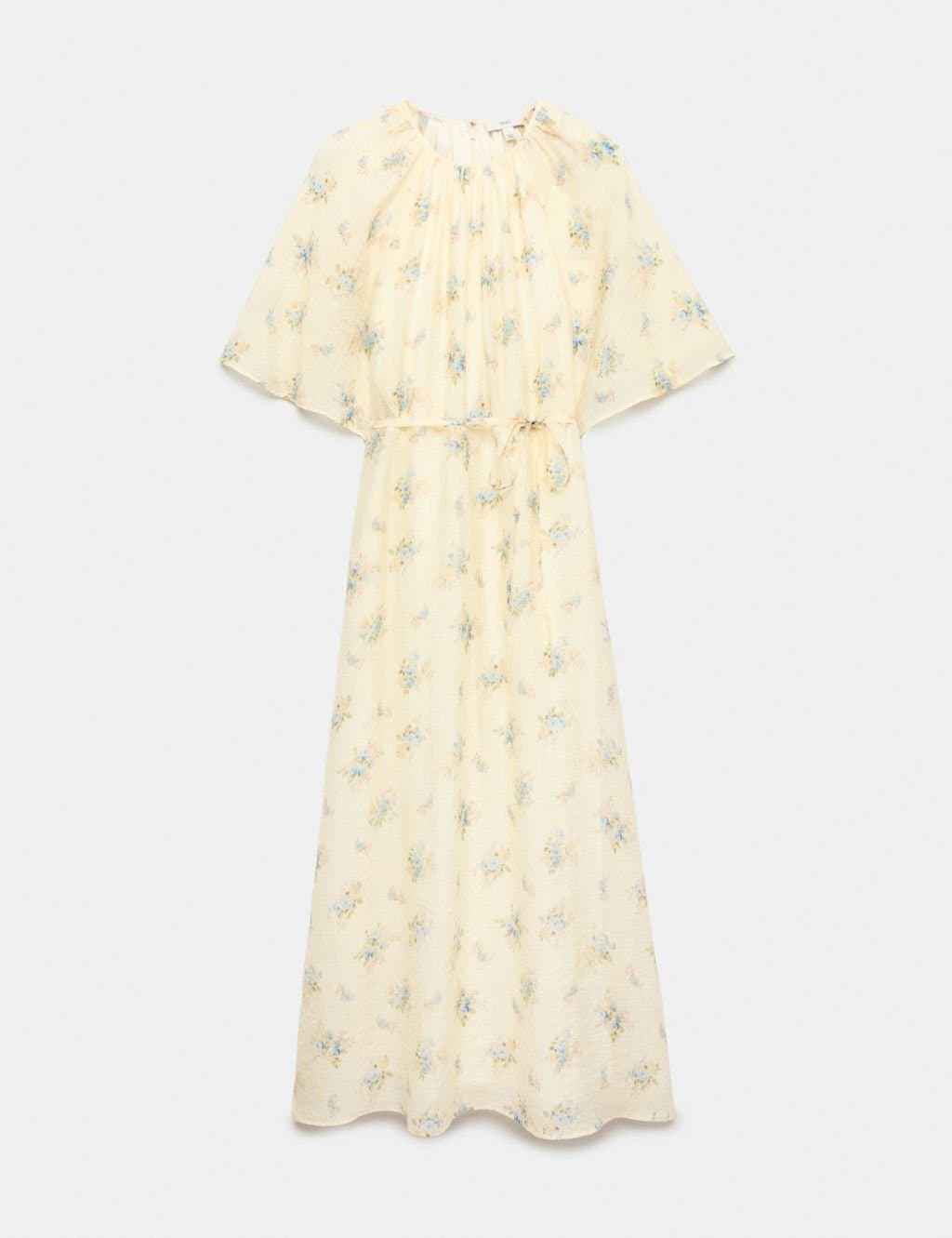 Marks & Spencer M&S Floral Angel Sleeve Midi Waisted Dress Ivory Mix