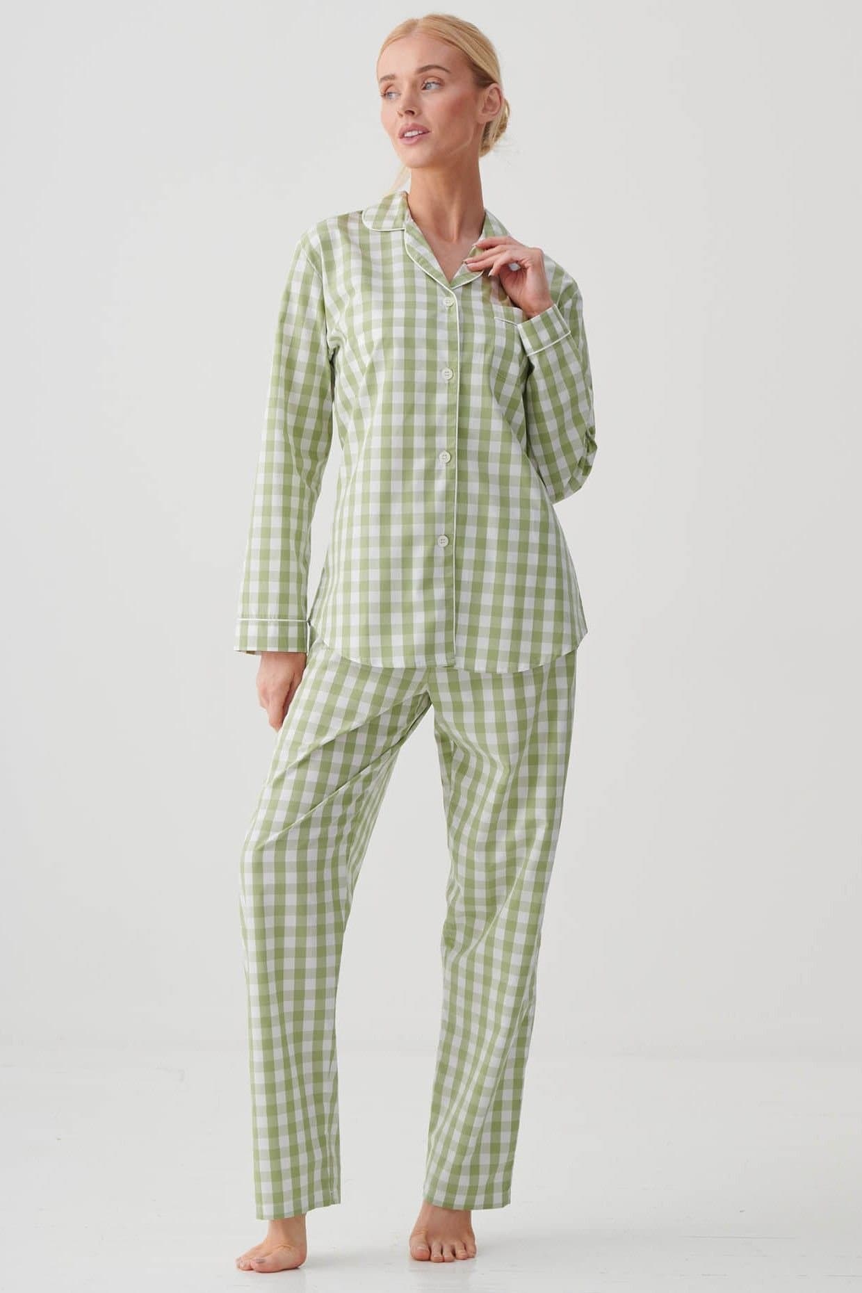 British Boxers British Boxers Women's "Field Green" Gingham Crisp Cotton Pyjama Set in Light Green
