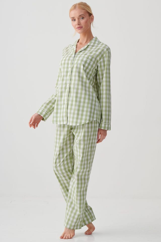 British Boxers British Boxers Women's "Field Green" Gingham Crisp Cotton Pyjama Set in Light Green - 2