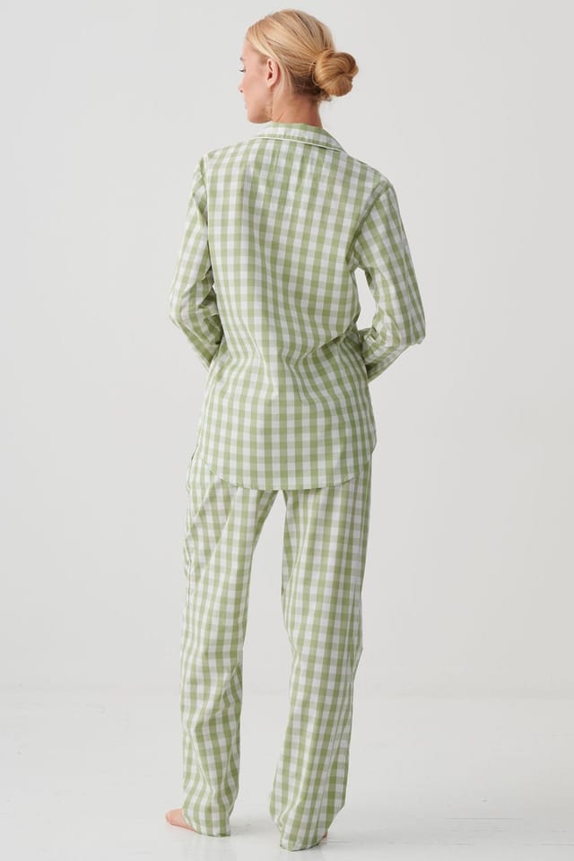 British Boxers British Boxers Women's "Field Green" Gingham Crisp Cotton Pyjama Set in Light Green - 3