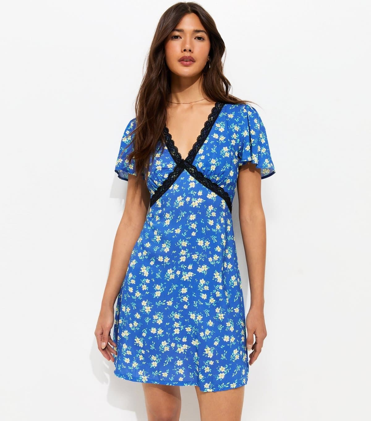 New Look Women's Blue Ditsy Lace V Neck Mini Dress New Look