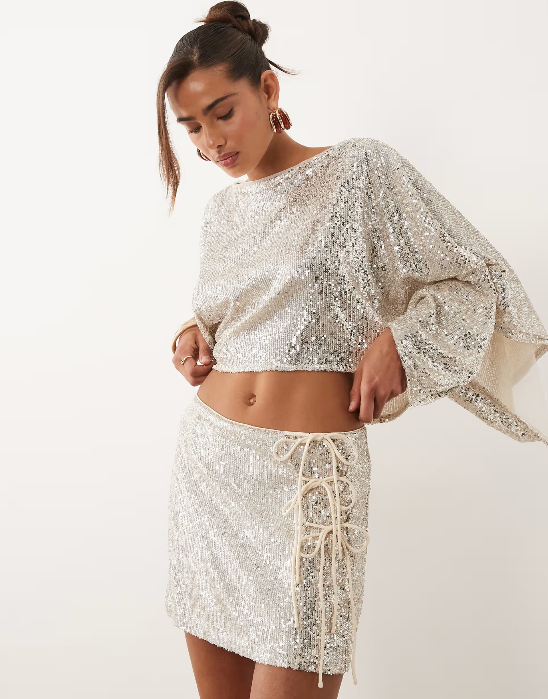 ASOS ASOS DESIGN sequin tie side mini skirt in ivory