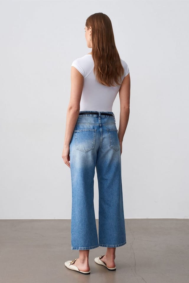 Dilvin Dilvin Women's Low-Waist Wide-Leg Capri Jeans in Mid Blue - 2