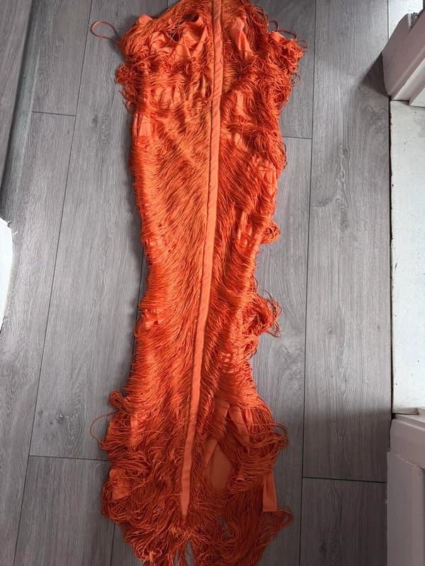 ASOS Asos Design Fringe Drape Halter Maxi Dress In Hot Orange RRP £125 Size L