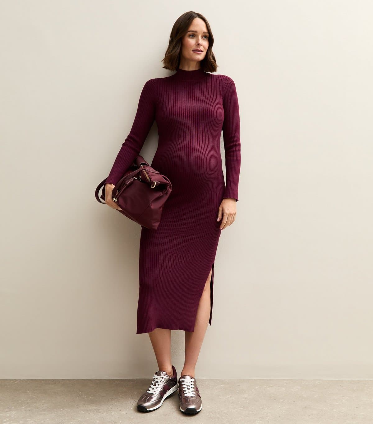 New Look Women's Maternity Burgundy High Neck Side Slit Ribbed Jersey Midi Dress New Look