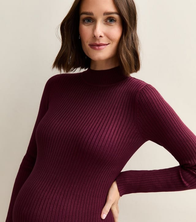 New Look Women's Maternity Burgundy High Neck Side Slit Ribbed Jersey Midi Dress New Look - 2