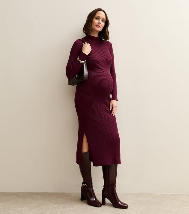 New Look Women's Maternity Burgundy High Neck Side Slit Ribbed Jersey Midi Dress New Look - 3