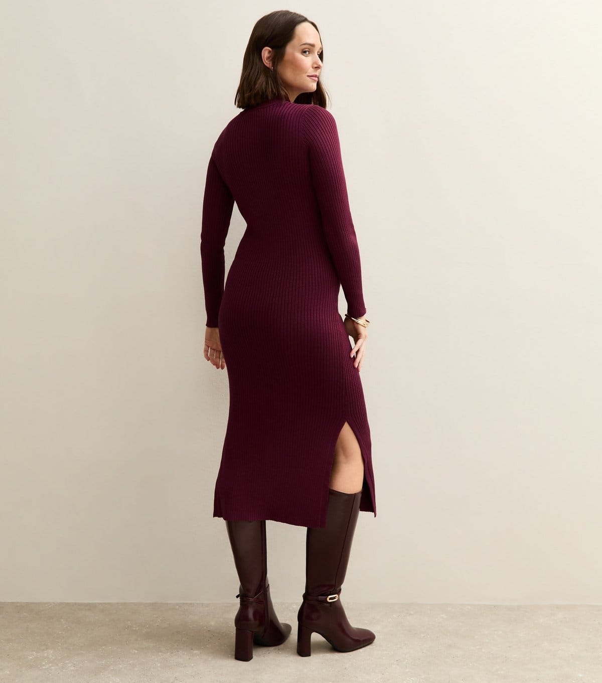 New Look Women's Maternity Burgundy High Neck Side Slit Ribbed Jersey Midi Dress New Look - 4