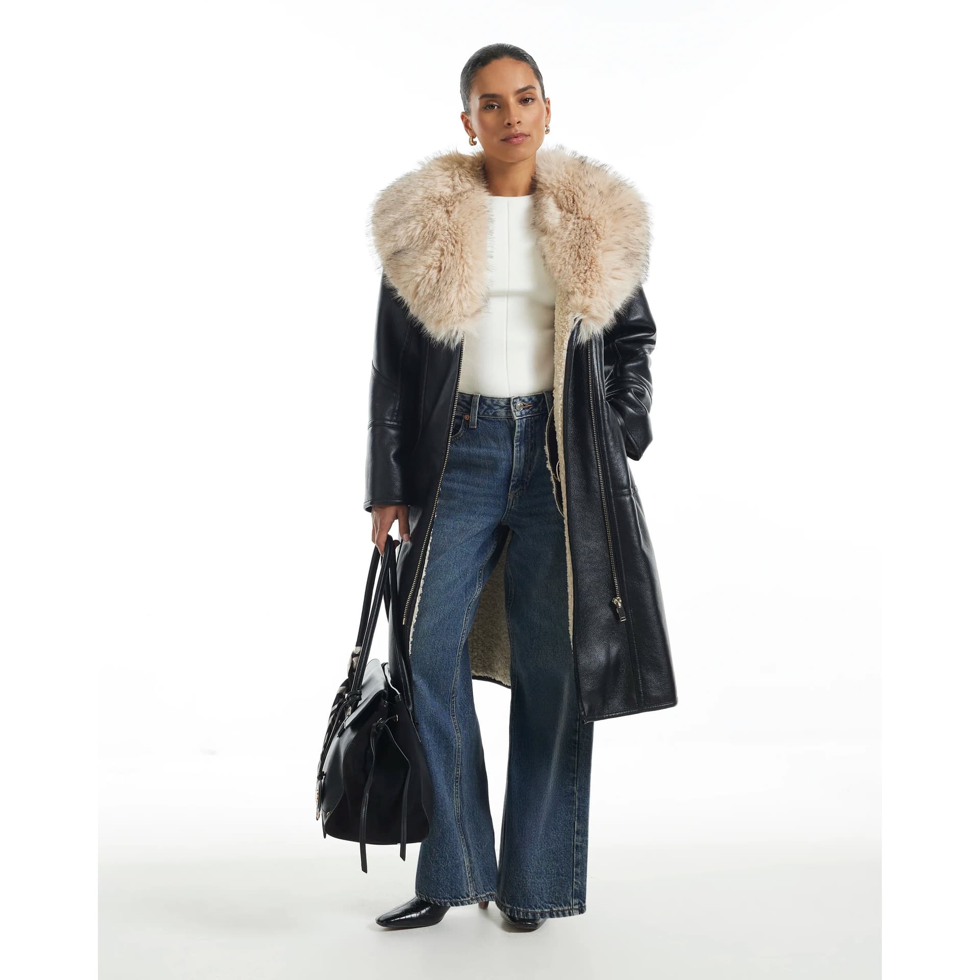 River Island River Island Womens Petite Black Belted Shearling Trench Coat